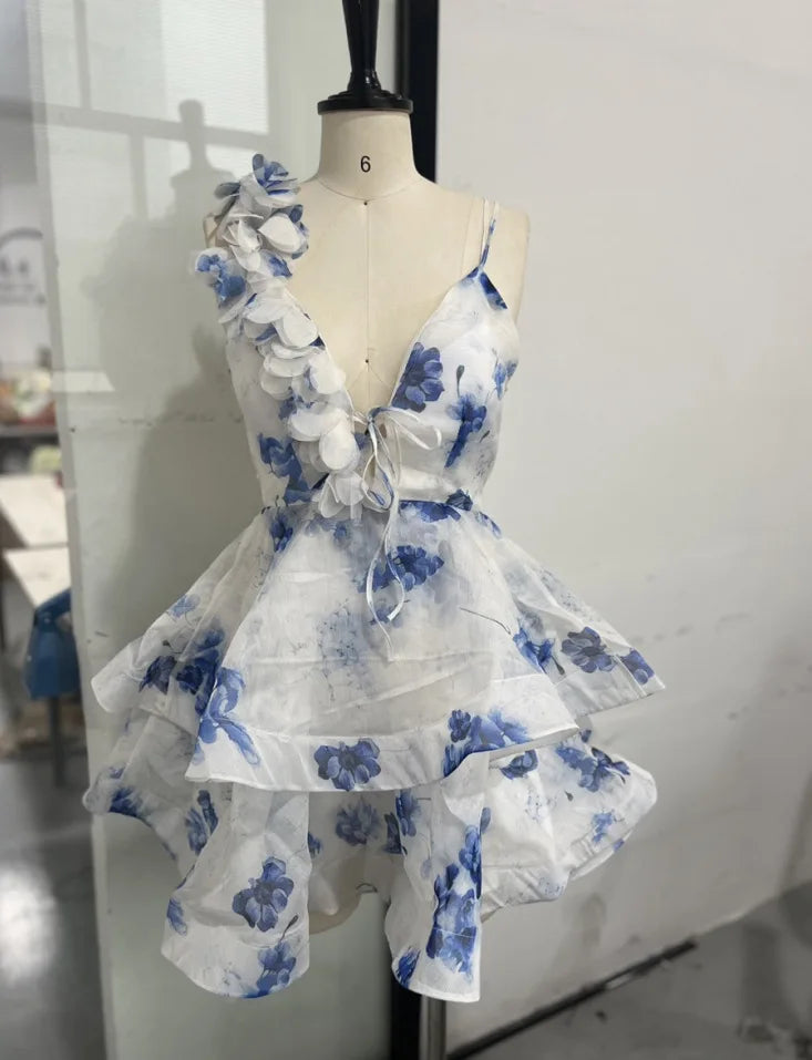Elegant Printed Backless Strappy Short Skirt Women's Dress