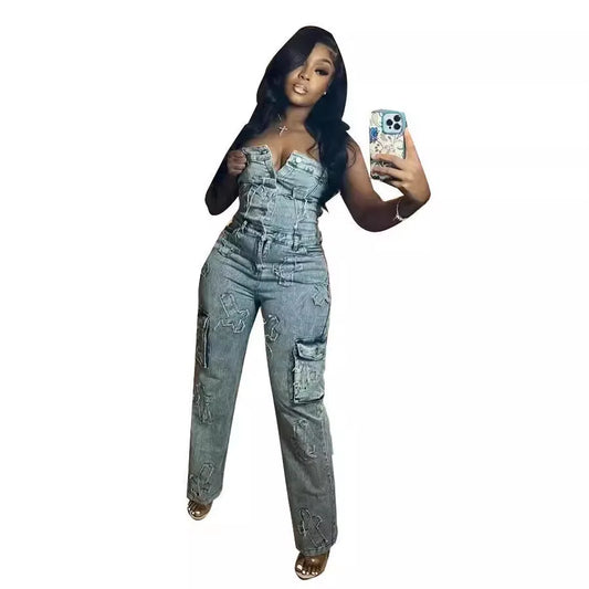 Women's Jumpsuit Tube Top Embroidered  Cross Tube Top Stretch Pants