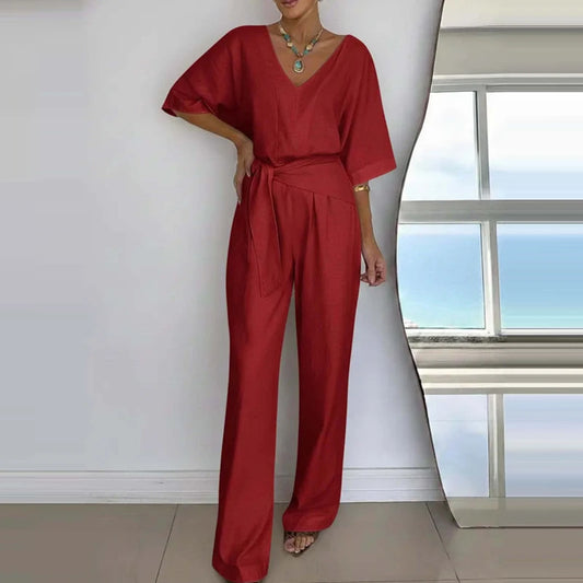Women's Fashion Loose Playsuits Simple Solid V-neck Short Sleeved Romper