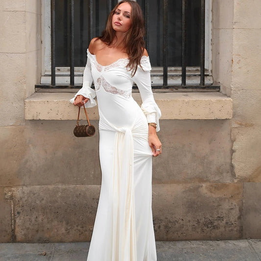 Women's Elegant  Long Flared Sleeves Slim Hollow Out Laced Dress