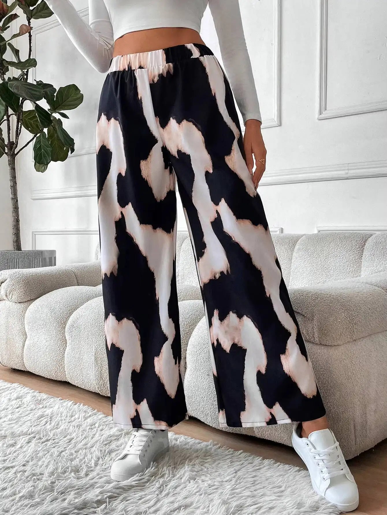 Wide Leg  Abstract Print Elastic High Waist Flowy Casual Pants