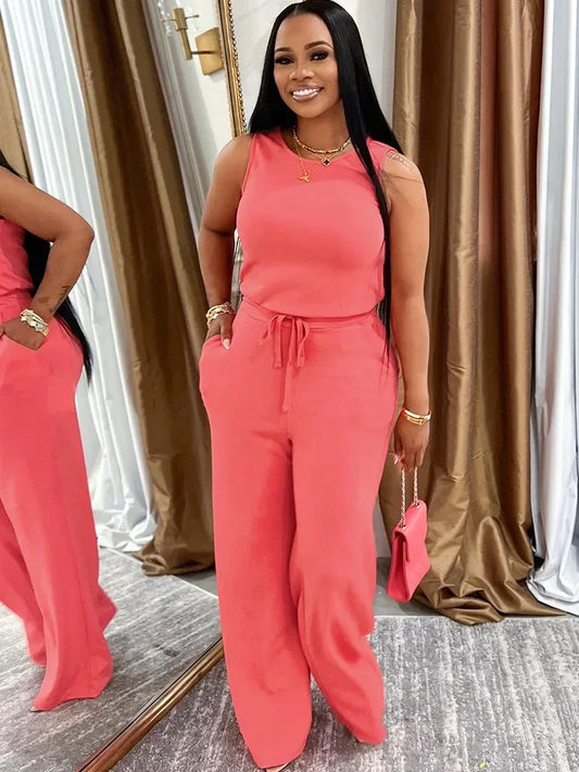 Solid Casual Jumpsuit Sleeveless Drawstring High Waist One Pieces Rompers