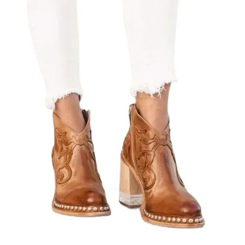 Female Ankle Boots  Leather Women's Shoes Low Heel Embroidered Design Soft Short Boots