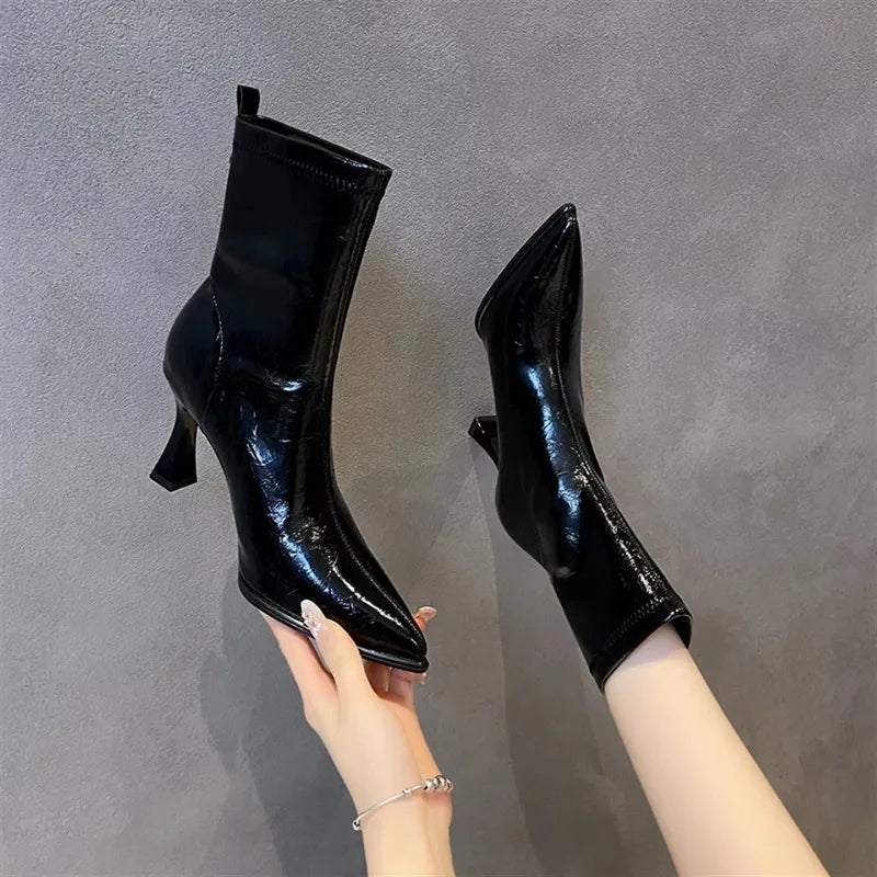 Pointed Toe High Heels Elegant Women Boots Chunky Leather Shoes