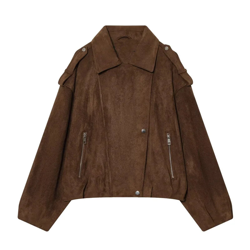 New Style Brown Long Sleeve Suede Effect Loose Biker Style Jacket