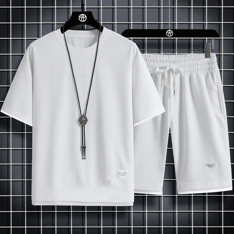 Men's Summer Waffle Set Brand Fashion Casual T-shirt