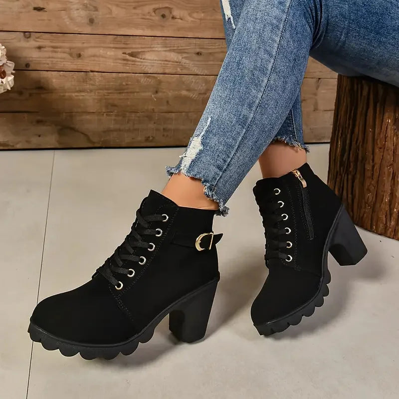 Women Boots Autumn Winter High Quality Boots Lace-up High Heels Shoes