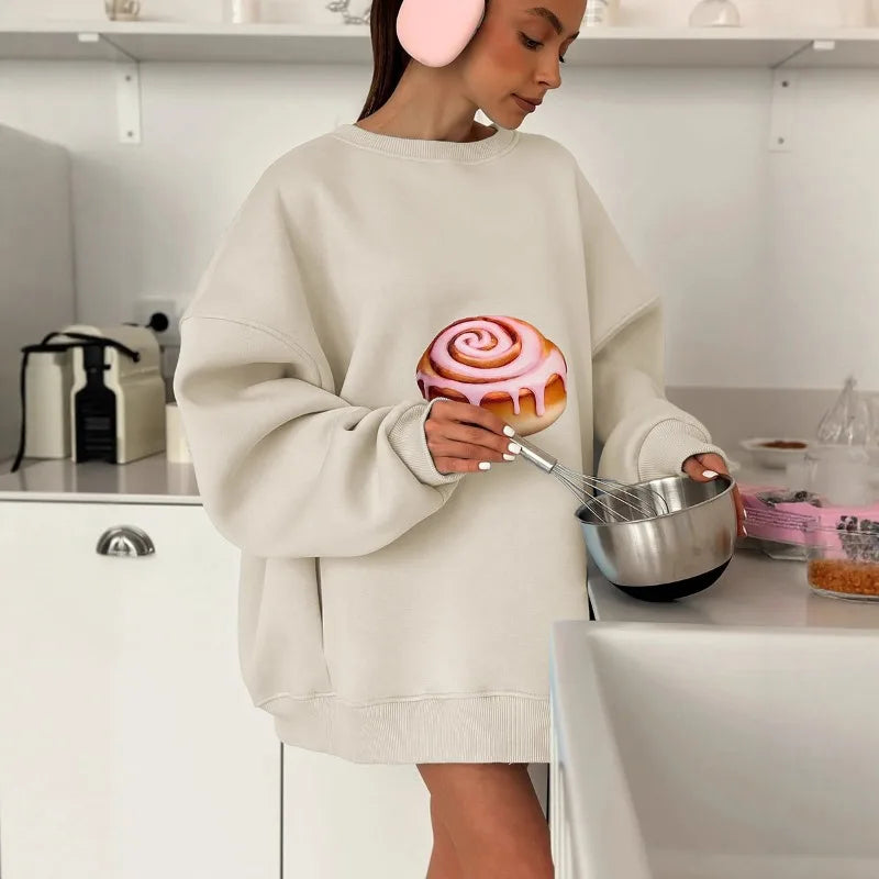 Women's Print Sweatshirt - Fleece-Lined, Loose Fit, Slimming Long-Sleeve