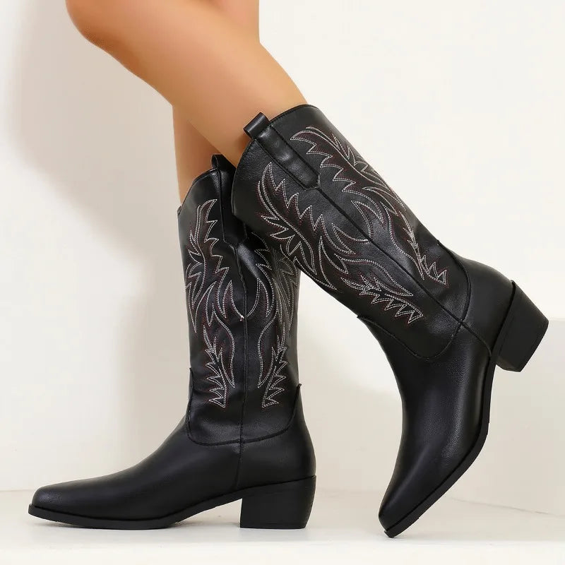 Women Boots Chunky Heeled Cowboy Boots