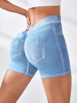 Women V back Shorts Faux Jeans Elastic Workout Pants Butt Lifting