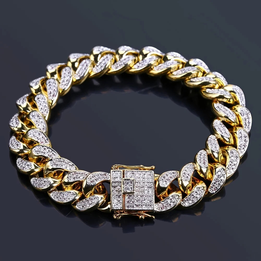 Luxury Iced Out Cuban Link Chain Bracelet for Men Paved Crystal Hip-Hop Jewelry Stainless Steel