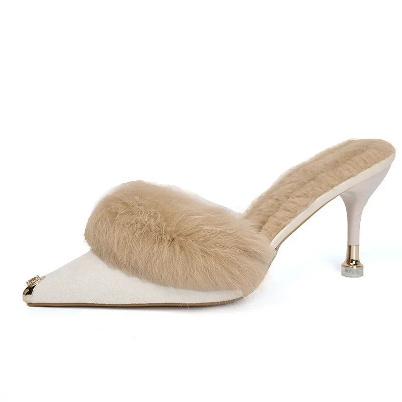 Women High Heel Shoes Fur Slippers Mules Pointed Toe Furry Slides