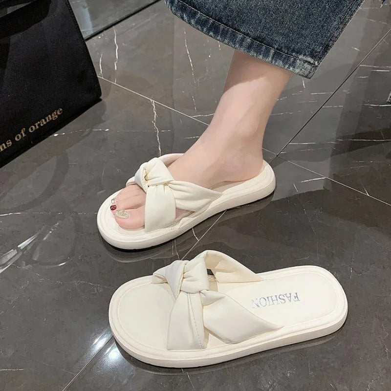 Woman Slippers Home Shoes  Beige Sandals with Bow Soft platform slides