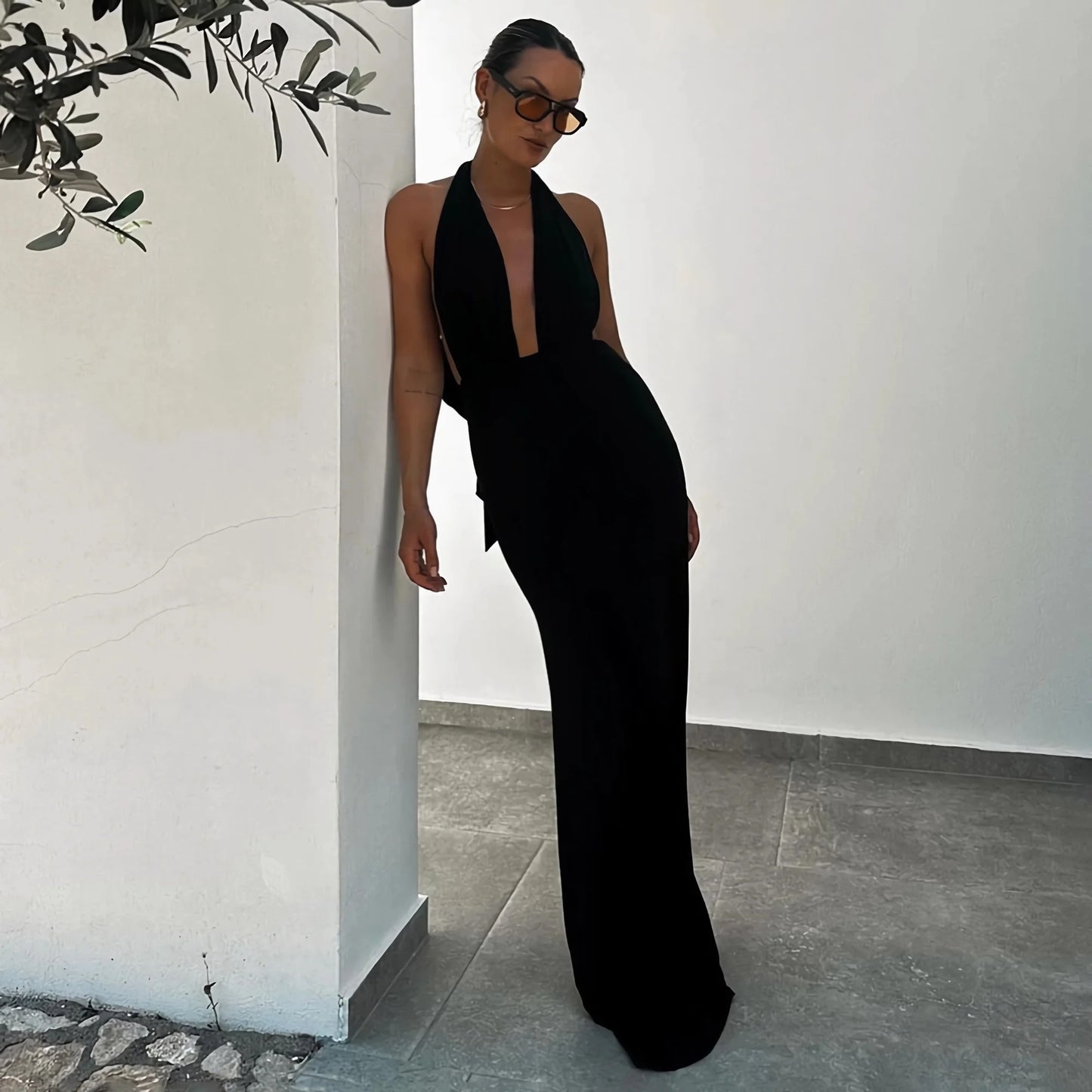 Elegant Shinny Deep V Midi Dress