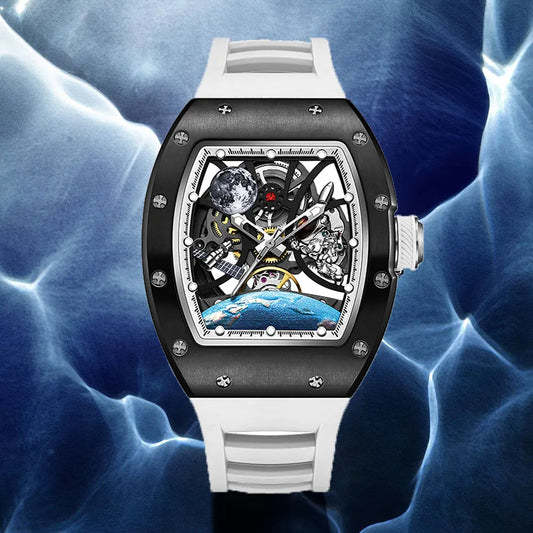 Men's Automatic Watches Tonneau Mechanical Clock Earth Dial Waterproof  Wrist Watch