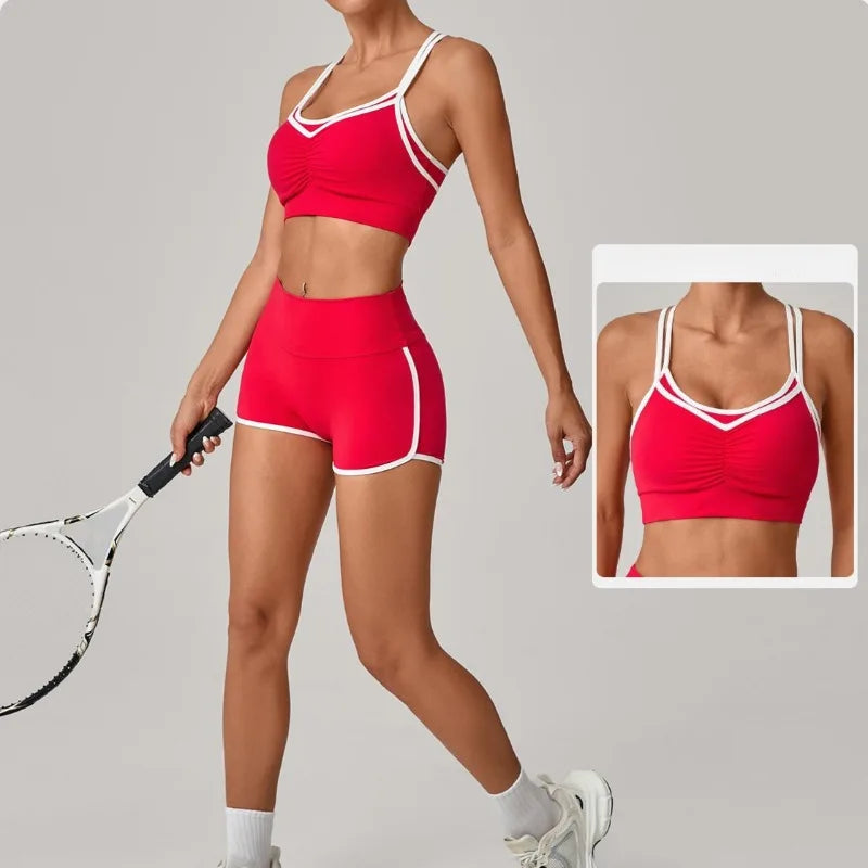 Women's Yoga  Fitness Color-Block Cross Beauty  Hip-Lifting Shorts Suits