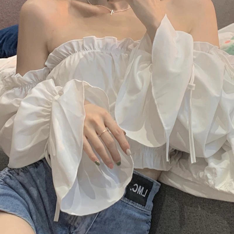 Long Sleeve White Blouses Women Short Slim Ruffles