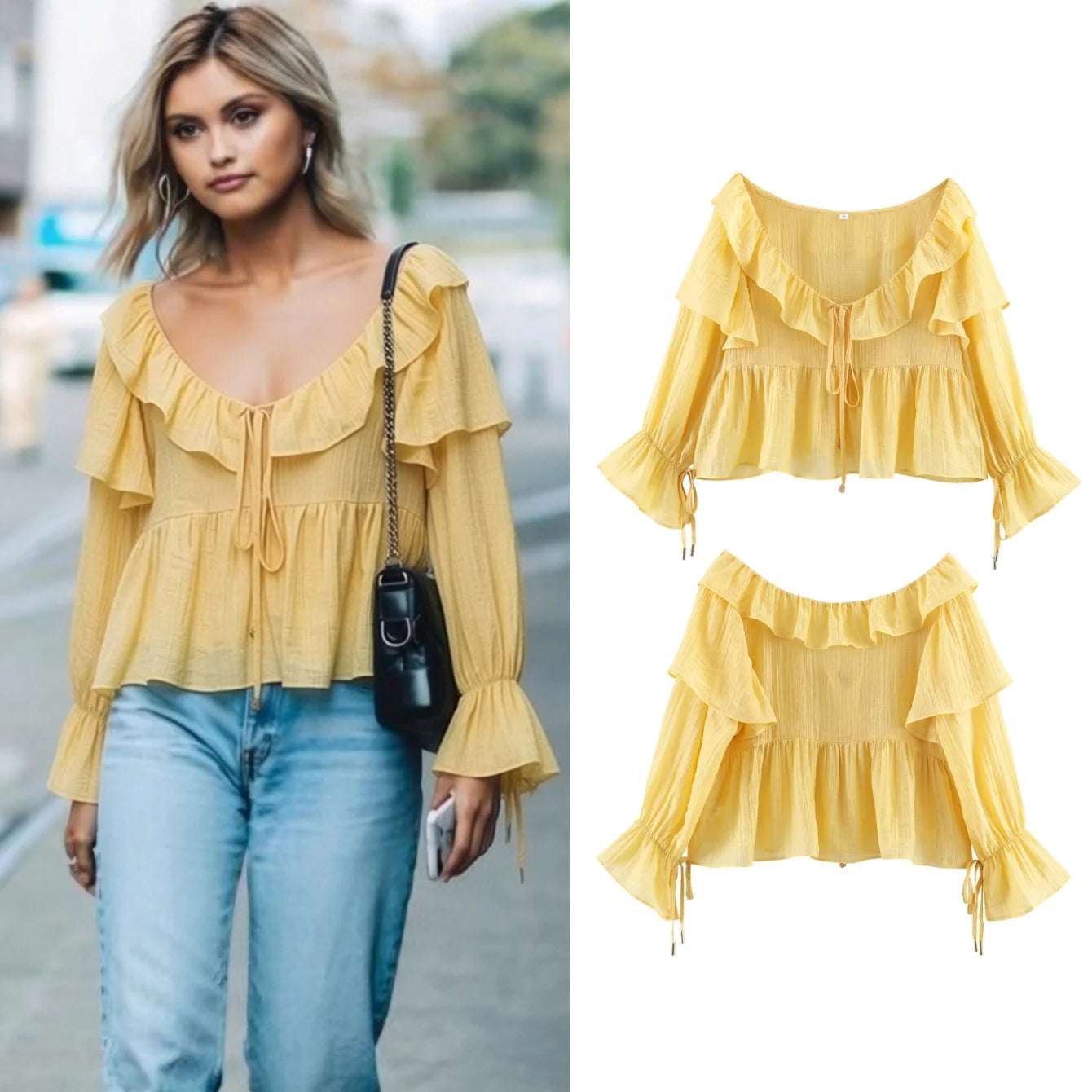 Women's Yellow Blouses Vintage Solid Cascading Ruffle Bow Lace-Up
