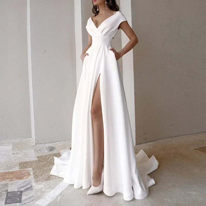 Sexy V-neck Ruffle Solid Mid Waist Temperament Maxi Dress
