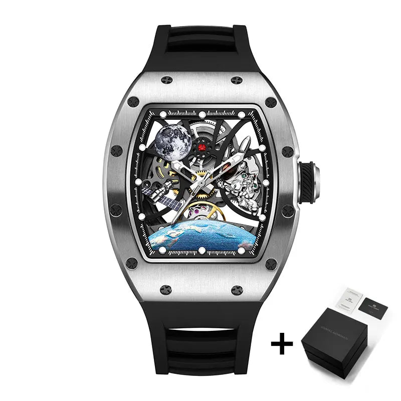 Men's Automatic Watches Tonneau Mechanical Clock Earth Dial Waterproof  Wrist Watch
