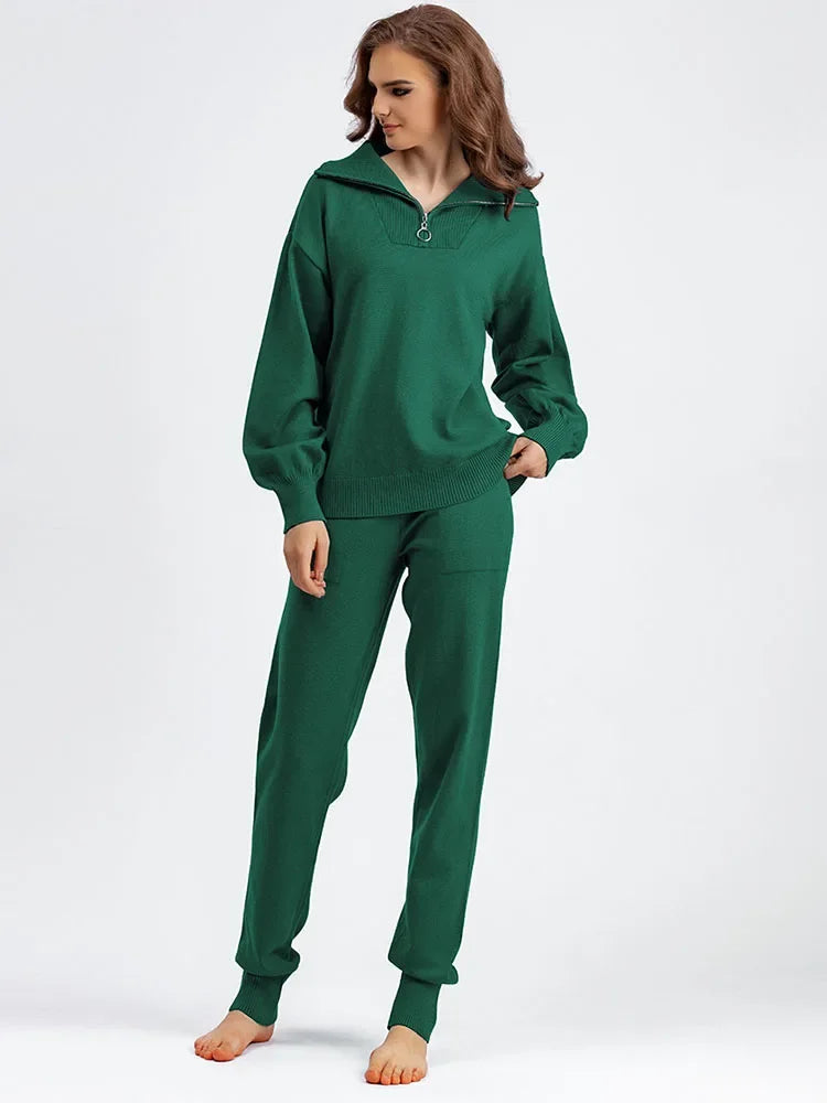 Women Casual Knitwear Pullovers Tops Conjuntos High Waist Jogger Pants Tracksuit