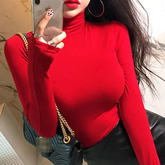 Women T-Shirts Women's Turtleneck Spring and Autumn Slim Fit Demon Long-Sleeved Red T-shirt Top Crop Top Mujer Camisetas