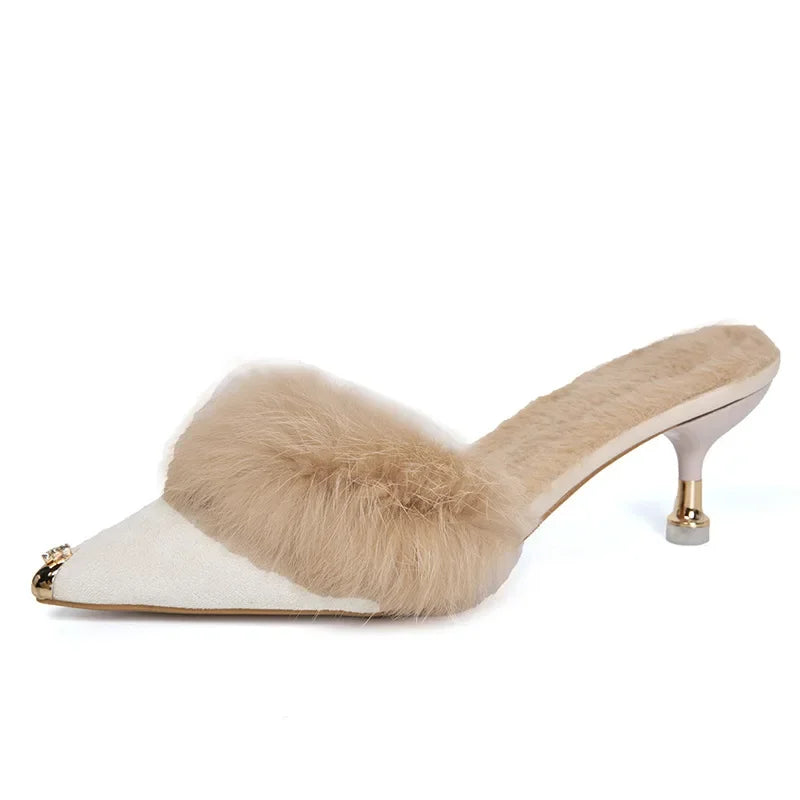 Women High Heel Shoes Fur Slippers Mules Pointed Toe Furry Slides