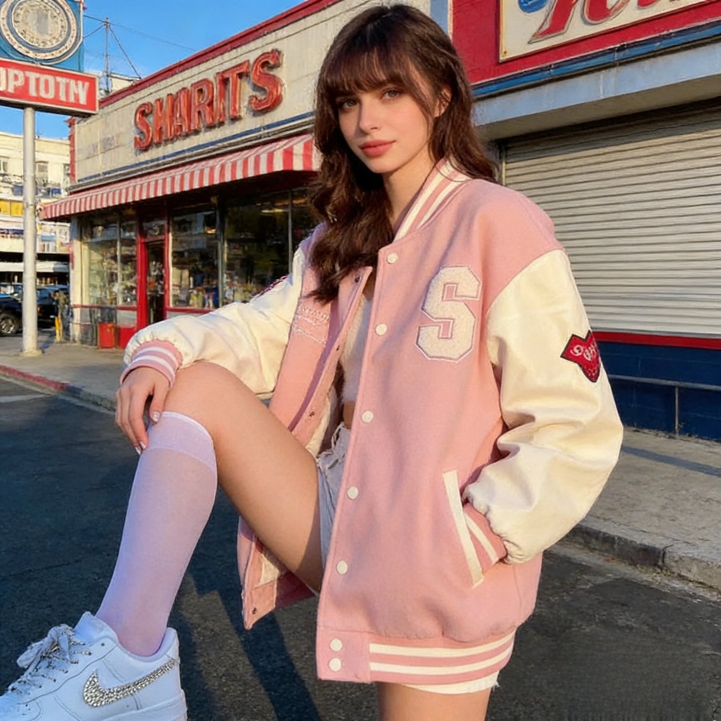 Women's Vintage Preppy-Style Fleece-Lined Pink Baseball Jacket
