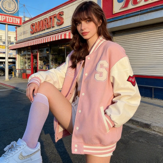 Women's Vintage Preppy-Style Fleece-Lined Pink Baseball Jacket