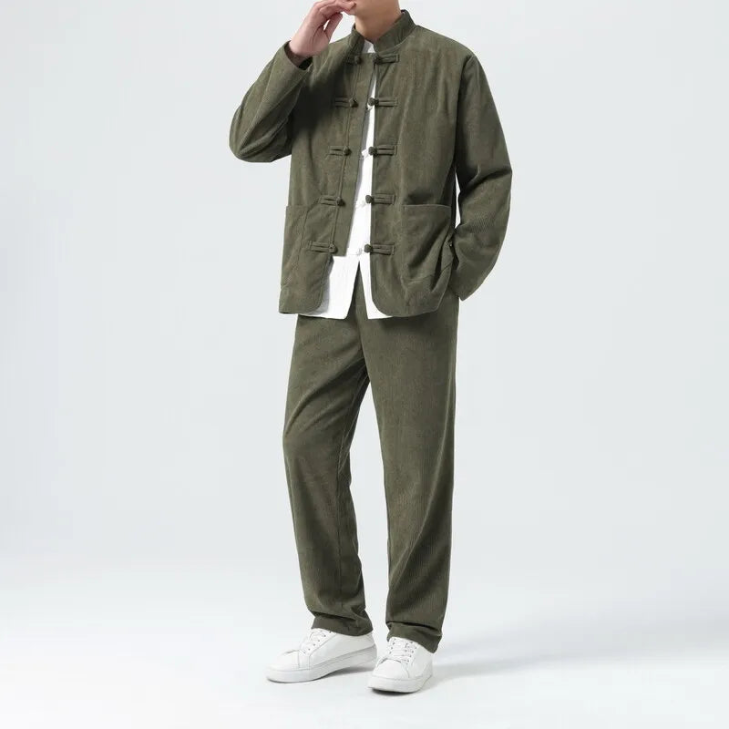 Men Corduroy Sets Men Tang Suit Jackets +Pants