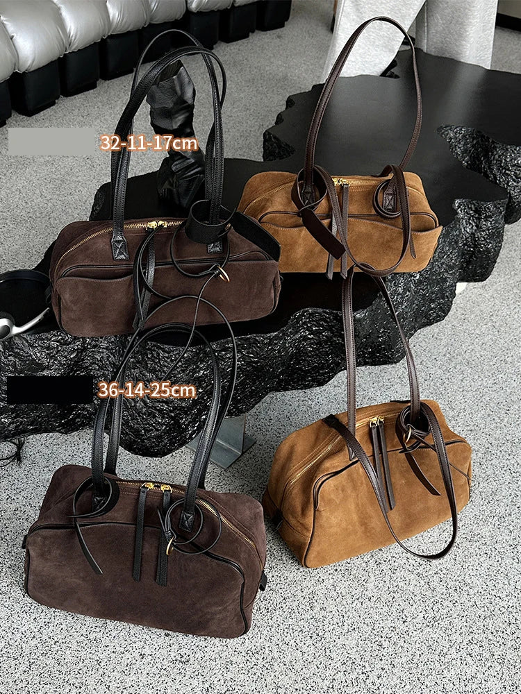Women's Bowling Tote Bag Suede Leather Handbag Top Grain Leather Single Shoulder Underarm Bag