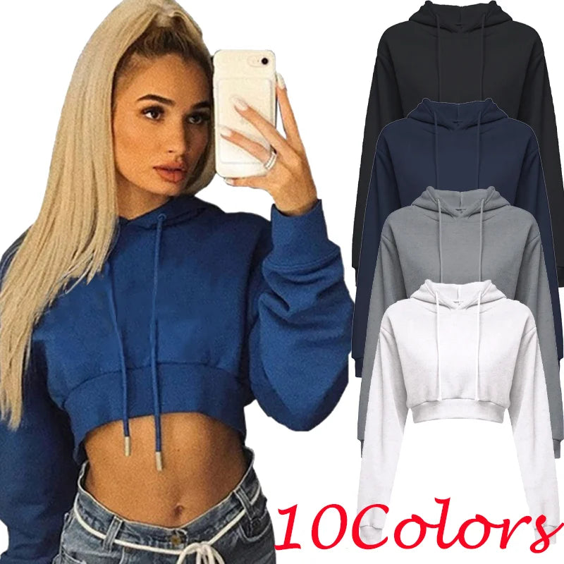 Women's casual solid color hooded sweatshirt with long sleeves