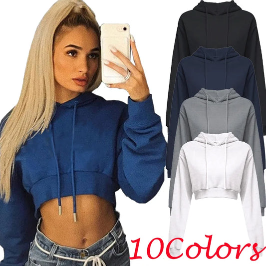 Women's casual solid color hooded sweatshirt with long sleeves