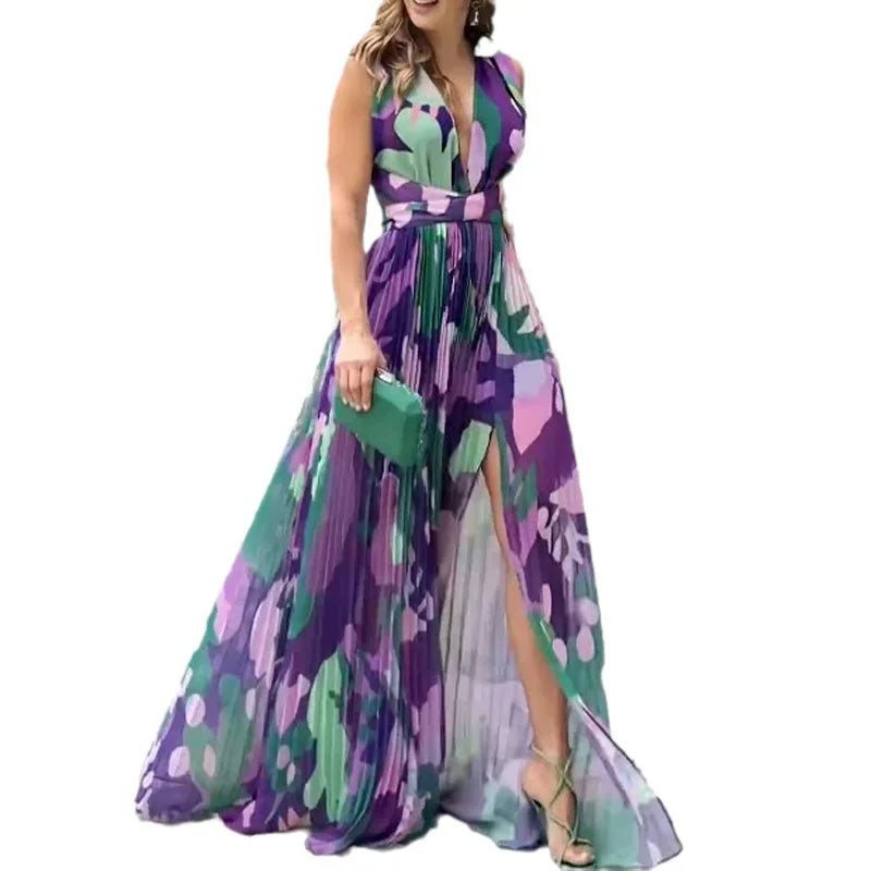 Women's Dress Sexy Deep V Neck Sleeveless Backless High Waist Split Long Dress