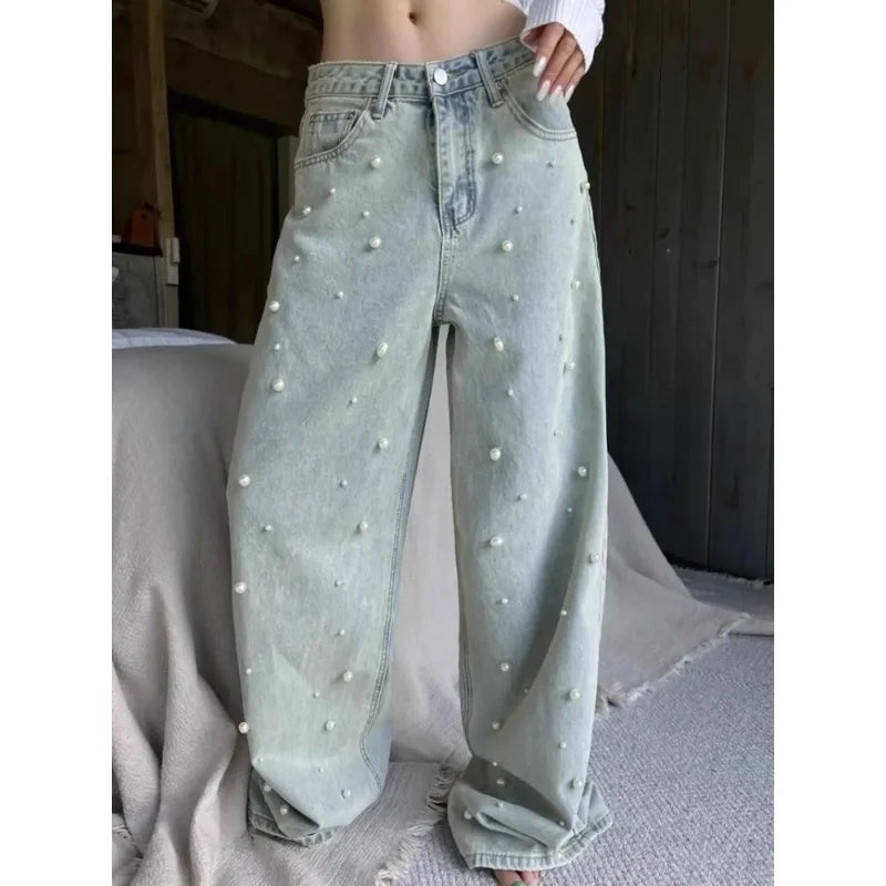 Jeans for Women  Heavy Industry Beads Retro Washed High Waisted Jeans