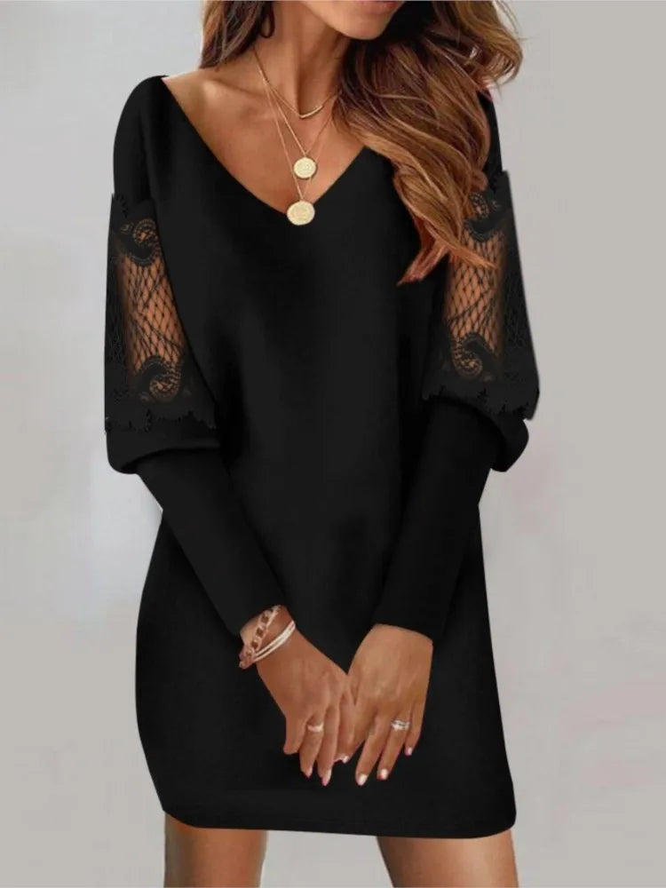 Sexy V Neck Mesh Lace Sleeve Loose Dress