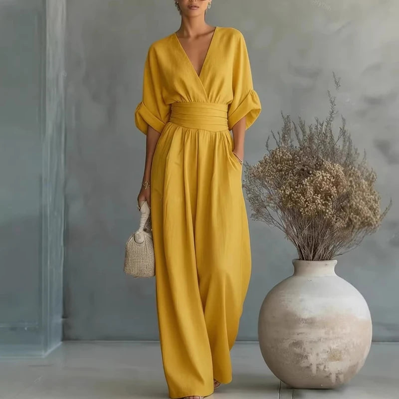 Casual Women Jumpsuit  V Neck Slim Waist Wide Leg Pant Jumpsuit
