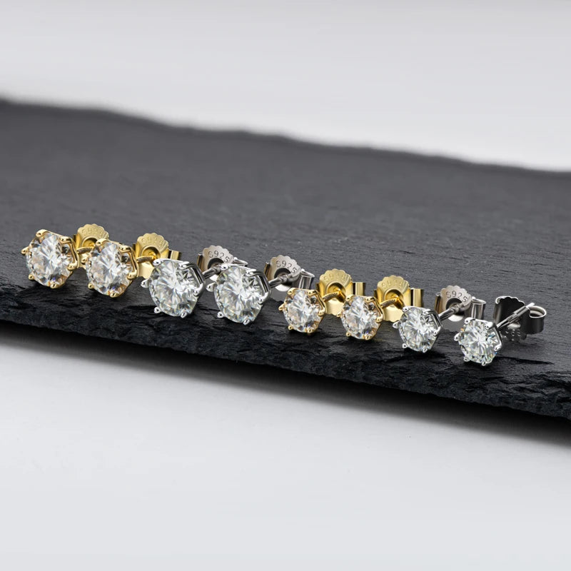 Moissanite Men Earrings Original 925 Silver 2CT Round Diamond Piercing Studs