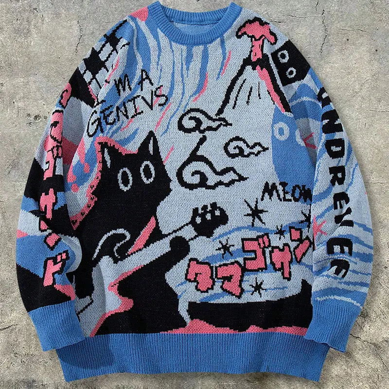Men's retro cartoon knitted sweater  casual long-sleeved knitted sweater