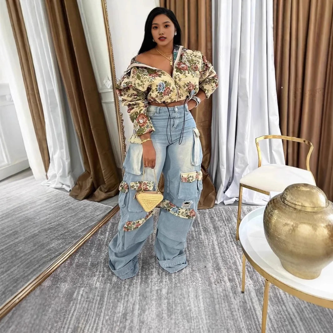 Women Pant Sets Print Matching Sets High Waist Straight Jeans Tracksuit