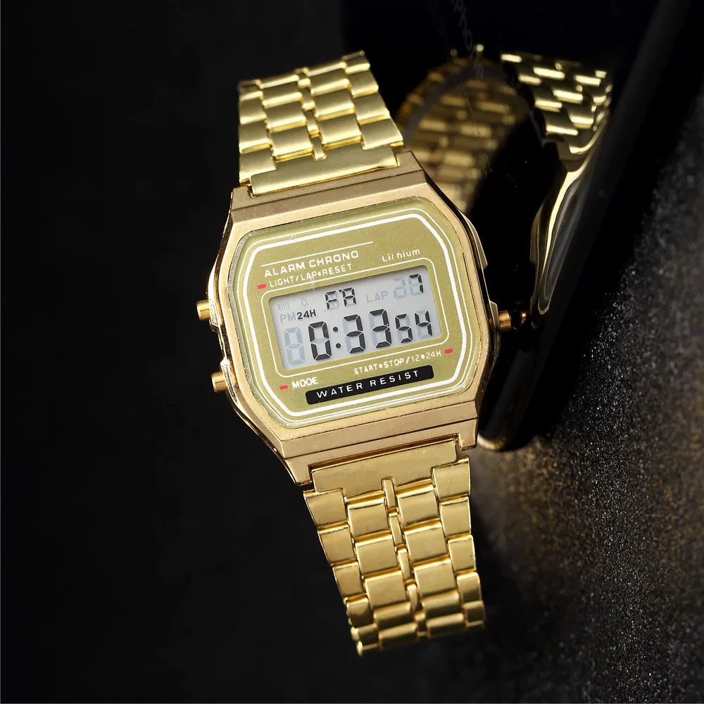 Elegant Digital Watch For Women Gold Silver Stainless Steel