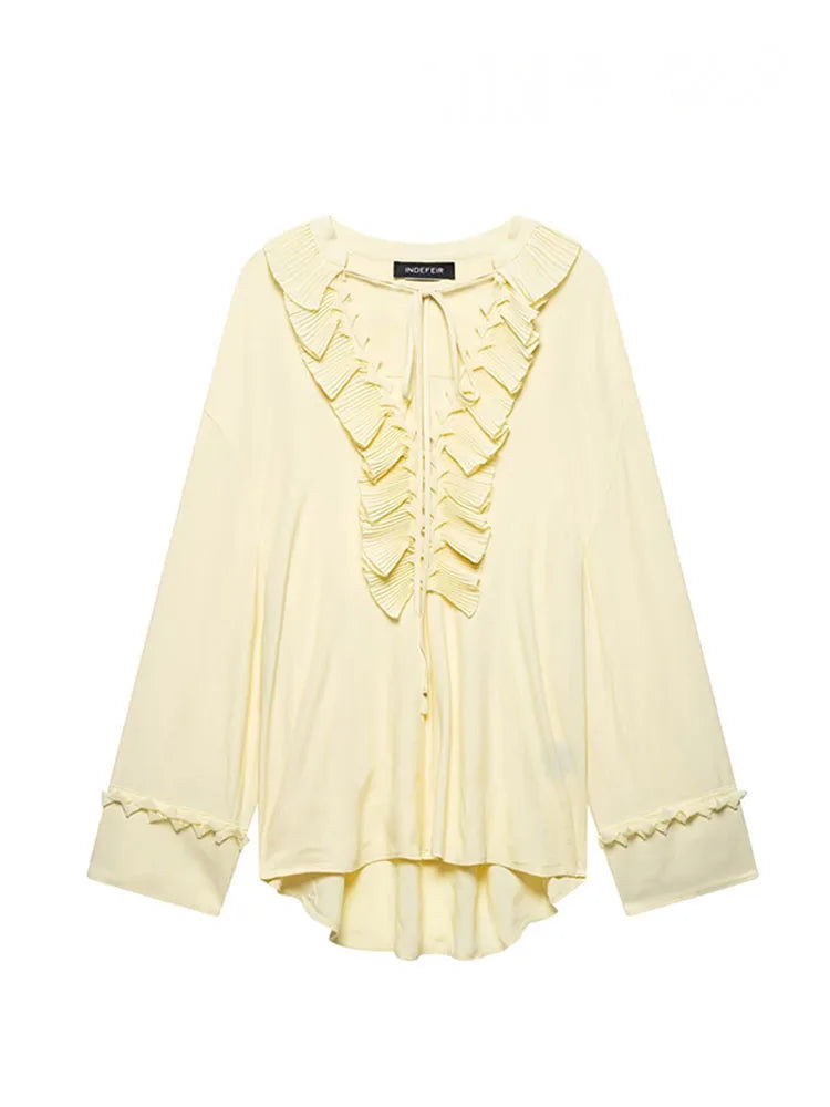 HH Women's Fashion Blouses Light Yellow V-Neck Long Sleeves Tierred Decoration