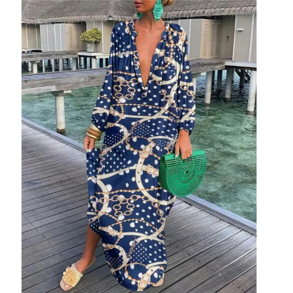 Casual Fashion Print V-Neck Loose Retro Comfortable Maxi Dress