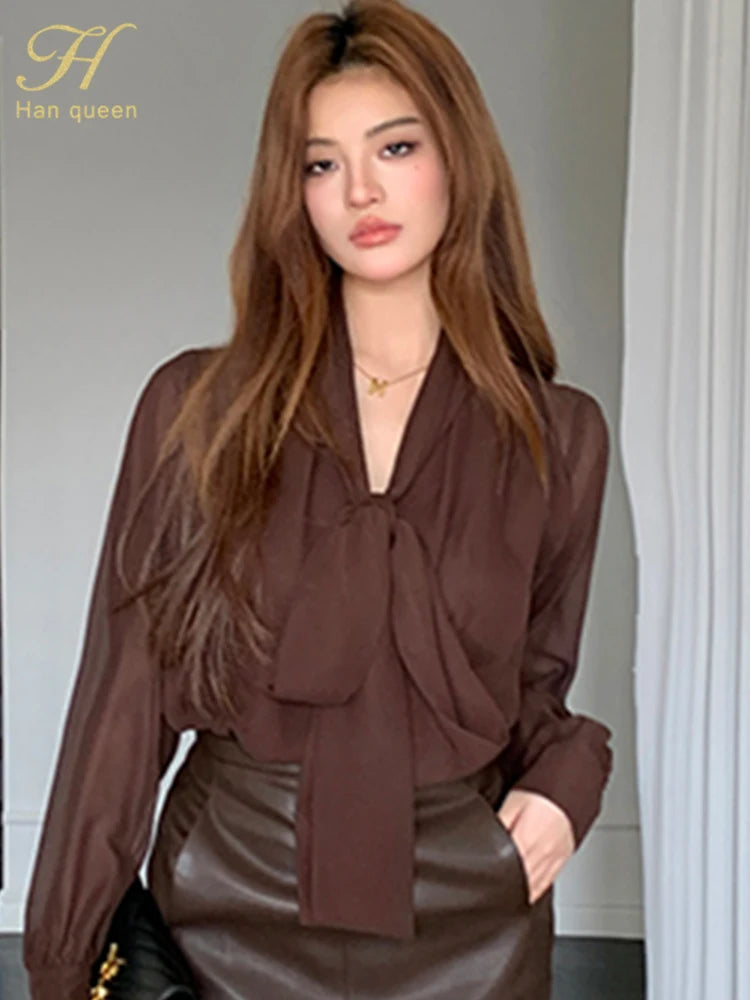 Womens Blouse Vintage Bow Elegant Loose