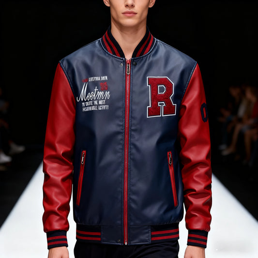 Embroidered Leather Pu Coats Slim Fit College Fleece Luxury Pilot Jackets