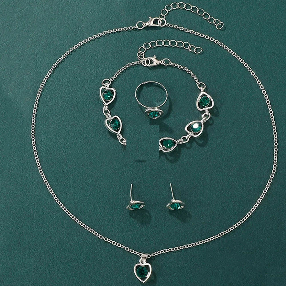 Women Fashion Watches Heart Rhinestone Ring Necklace Earring Jewelry Set