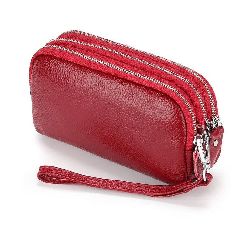 Women Long Wallet Genuine Leather 3-Layer Zipper Purse Bag