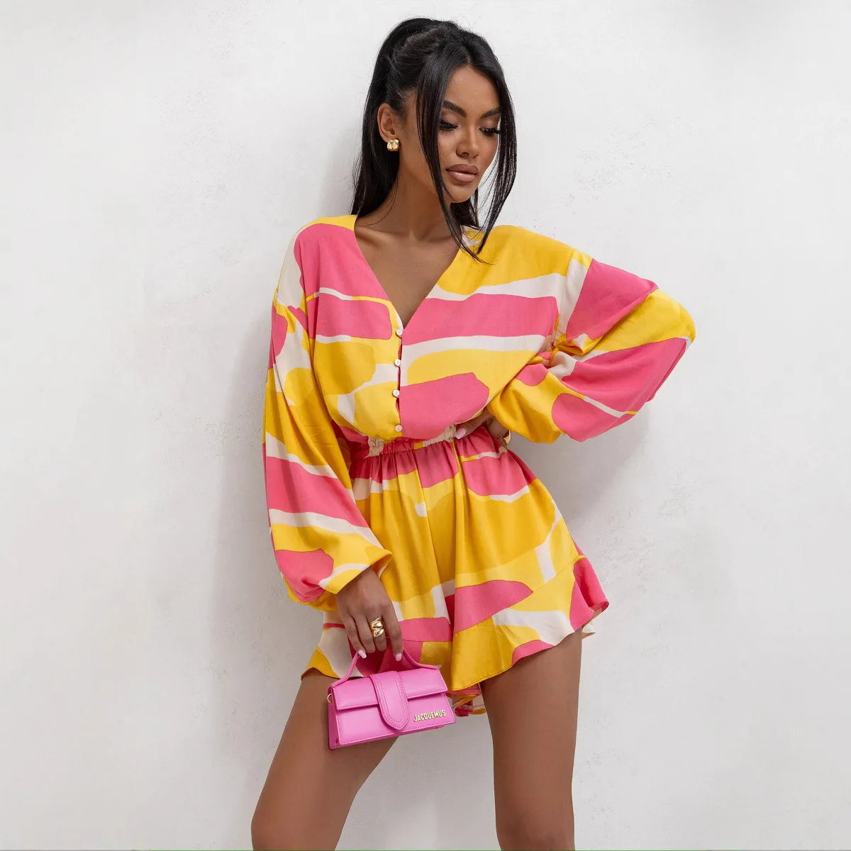 Women's Jumpsuit Colourful Printed V-Neck Long-Sleeved Jumpsuit