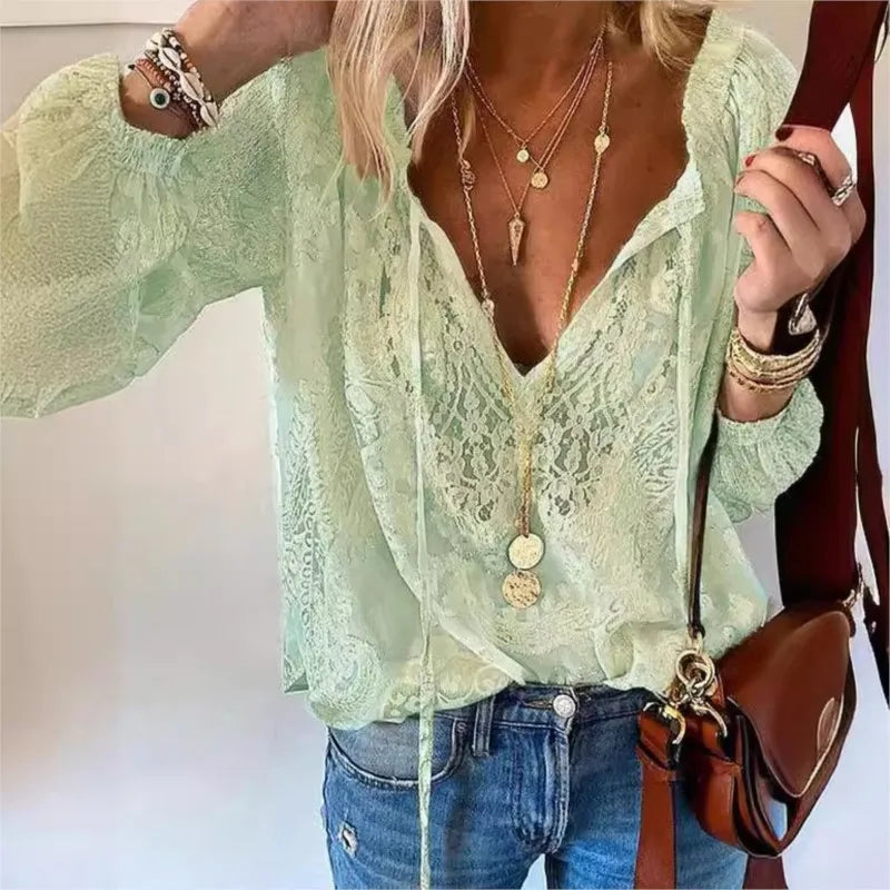 Women's Blouses Boho Lace Hollow Out Deep V Neck Pullover Shirt