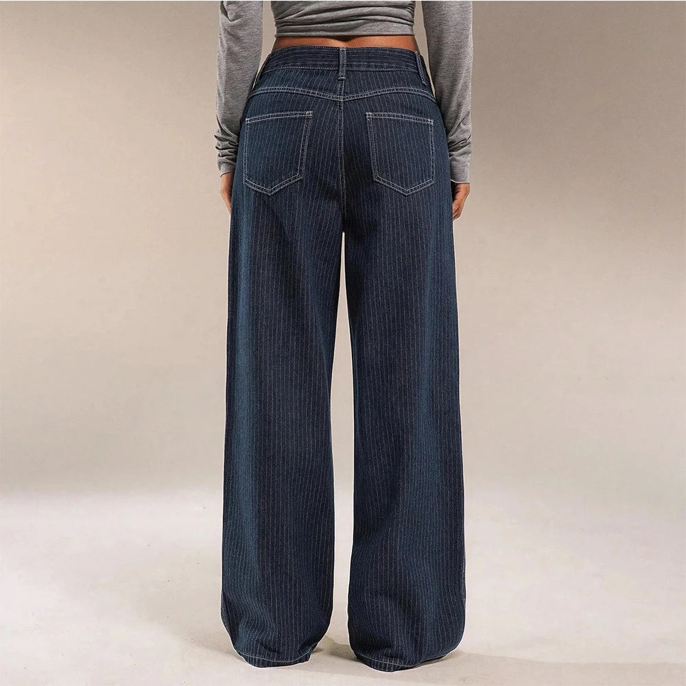 Women Mid Waist Jeans Wide Leg Trousers
